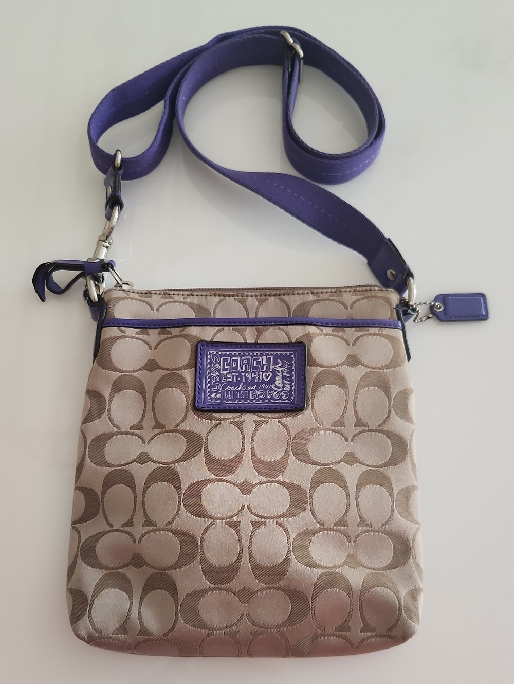 Coach Beige Signature Crossbody with Purple Trim